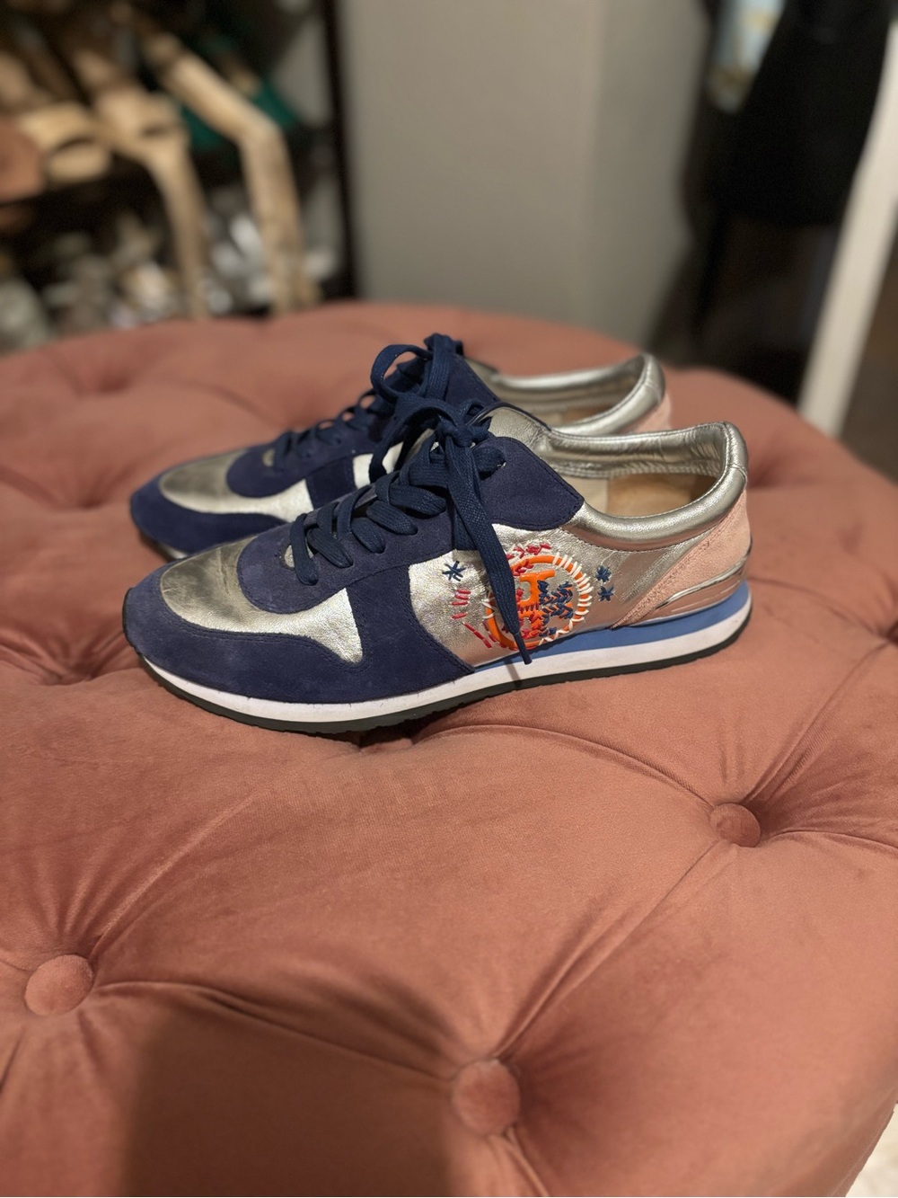 Tory Burch Navy, Silver and Blush Embroidered Sneakers